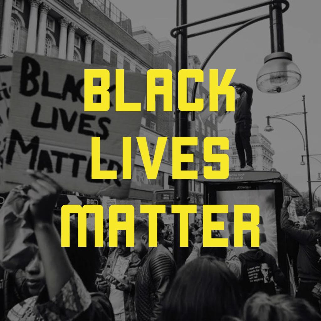 Black Lives Matter graphic against backdrop of protestors.
