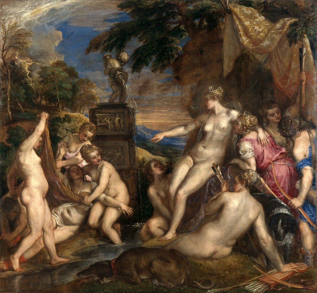 Painting depicting pregnant Callisto being exposed in front of Diana, by Titian