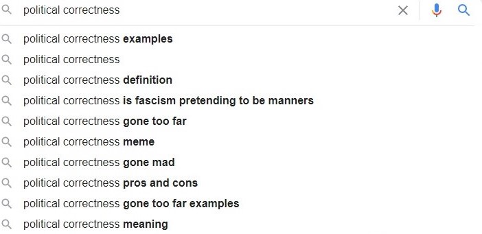 Google search bar autofill showing results including 'political correctness is fascism pretending to be manners' and 'political correctness gone mad'