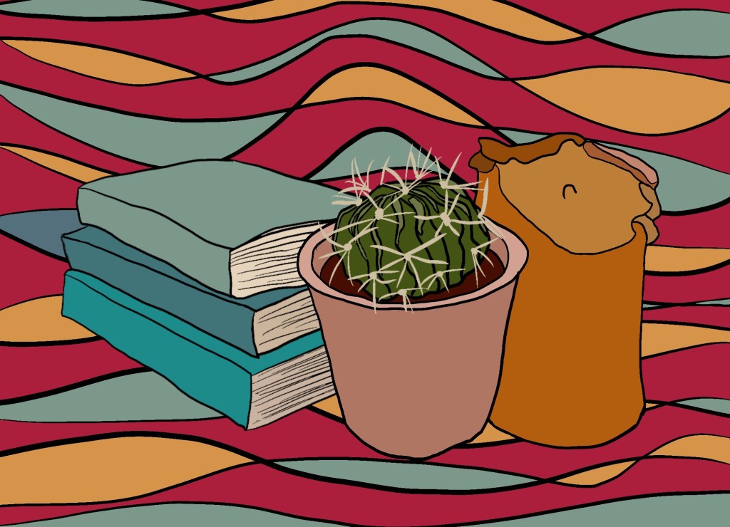A bright illustration of multicoloured squiggly lines  has a pile of blue books, a cactus in a pink pot and a yellow, slightly melted candle.