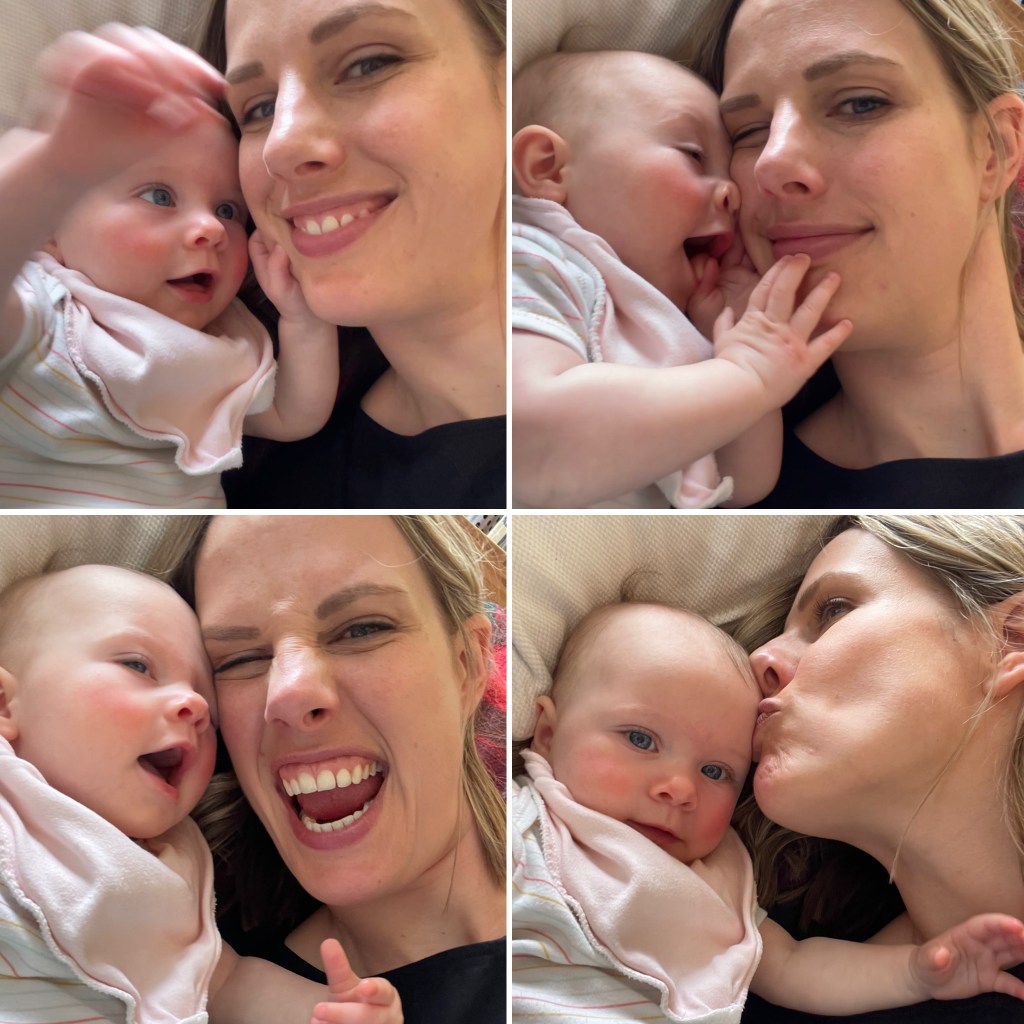 a collage of four images of the author with her daughter, both making silly faces at the camera